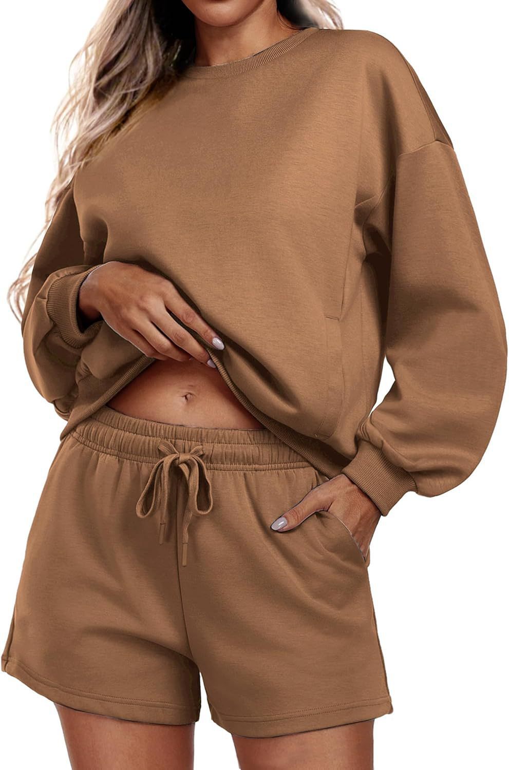 Round neck loose casual sweatshirt+Loose-fitting athletic shorts 2-piece set