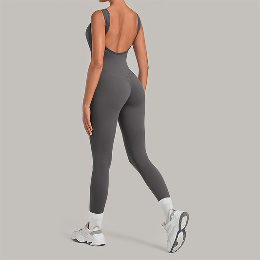 Wholesale Women's Brushed Yoga Jumpsuit – Open-Back Slim Fit Athletic Bodysuit w/ Chest Pad