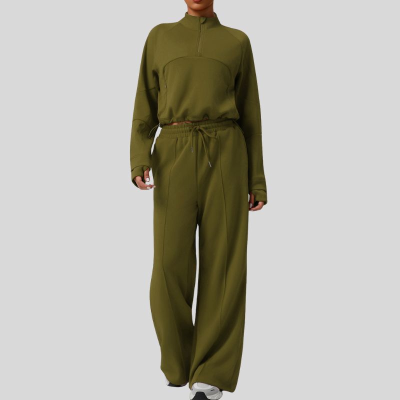 Thick half-zip sweatshirt + drawstring wide-leg pants 2-piece set