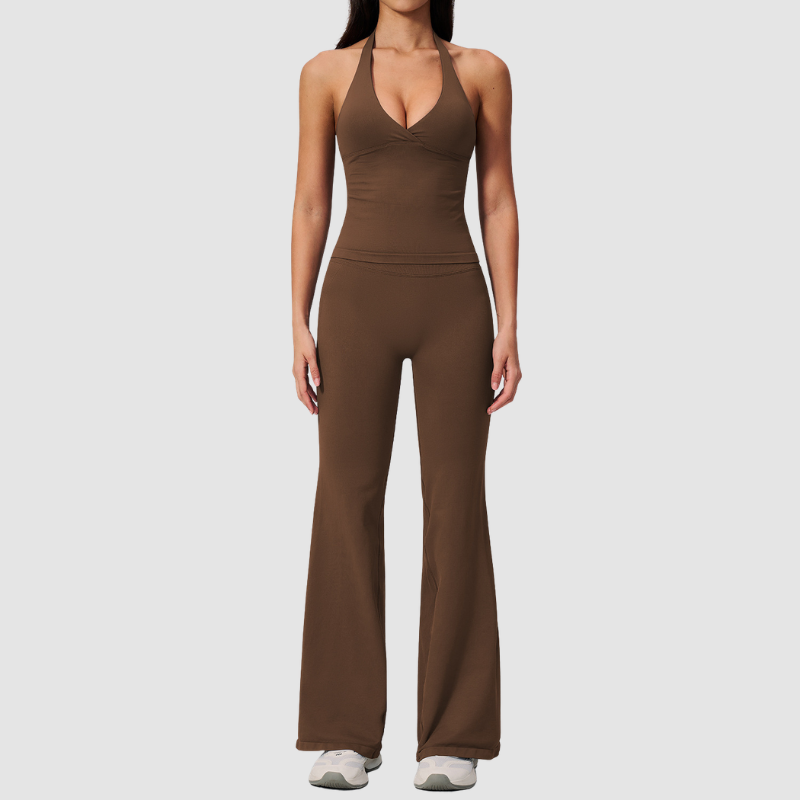 Wholesale Women's V-Neck Halter Sports Bra & Flare Pants Set – Seamless Ribbed Yoga Activewear