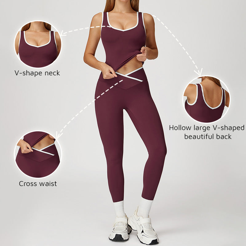 Contrasted color Yoga Tank Top + High Waist leggings 2-piece Set