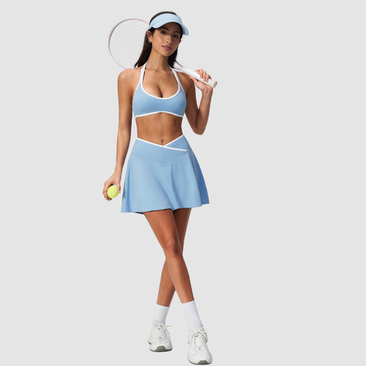 Wholesale Women's Color Block Sports Bra & Anti-Exposure High-Waist Mini Skirt Set – Naked Feel Yoga Gym Activewear