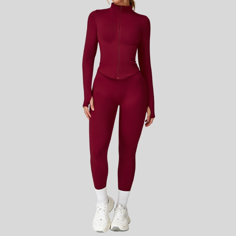 Seamless Long Sleeve Full Reißverpackungsjacke + Leggings 2-teiliger Set