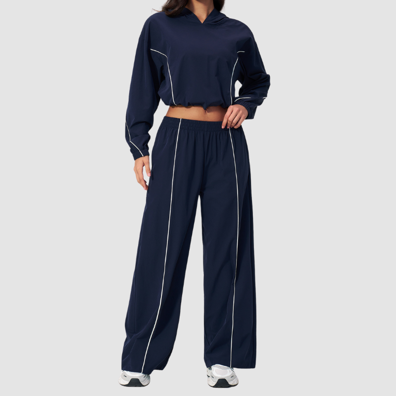 Wholesale Women's UPF50+ Sun Protection Hoodie Jacket + Wide-Leg Pants Set – Colorblock Outdoor Running Sportswear
