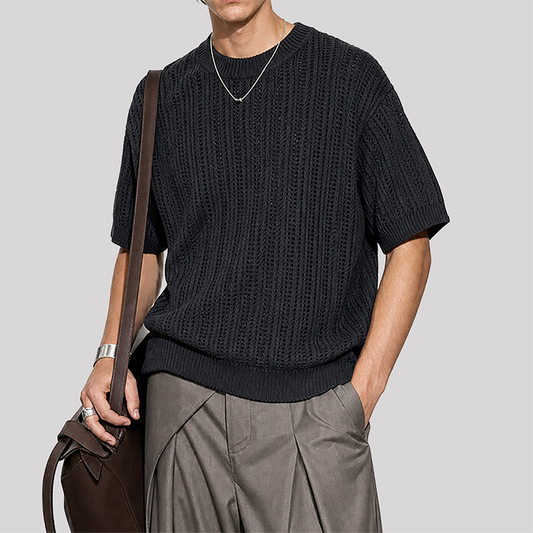 Wholesale unisex Old Money Style Knit T-Shirt – Striped Texture Short Sleeve