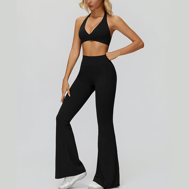 Halter sports bra+High waisted flared pants 2-piece set