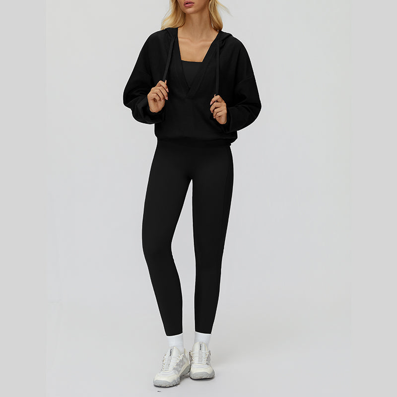 V-neck large hooded jacket+Sports tank top+High-waisted leggings 3-piece set