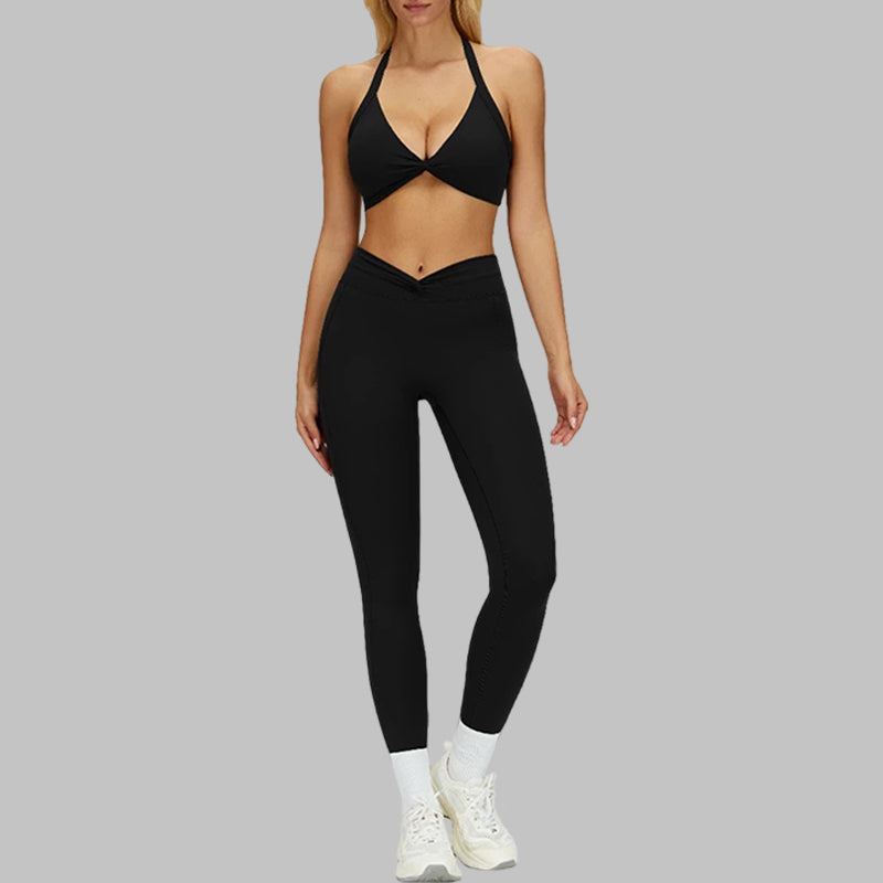 Removable padding sports bra+Pleated waistband sport leggings 2-piece set
