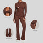 Thumb-buckle zipper jacket + slightly flared pants + sports bra 3-piece set