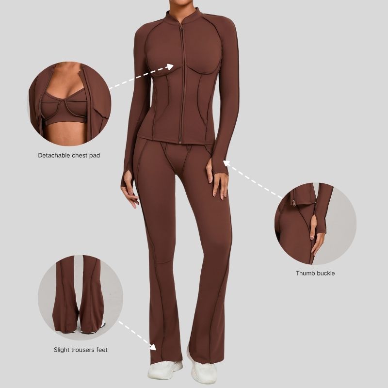 Thumb-buckle zipper jacket + slightly flared pants + sports bra 3-piece set