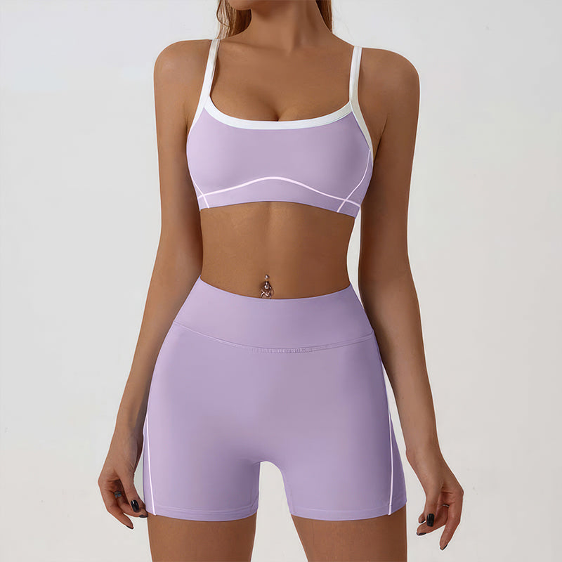 Wholesale color-blocked sports bra + high-elasticity shorts