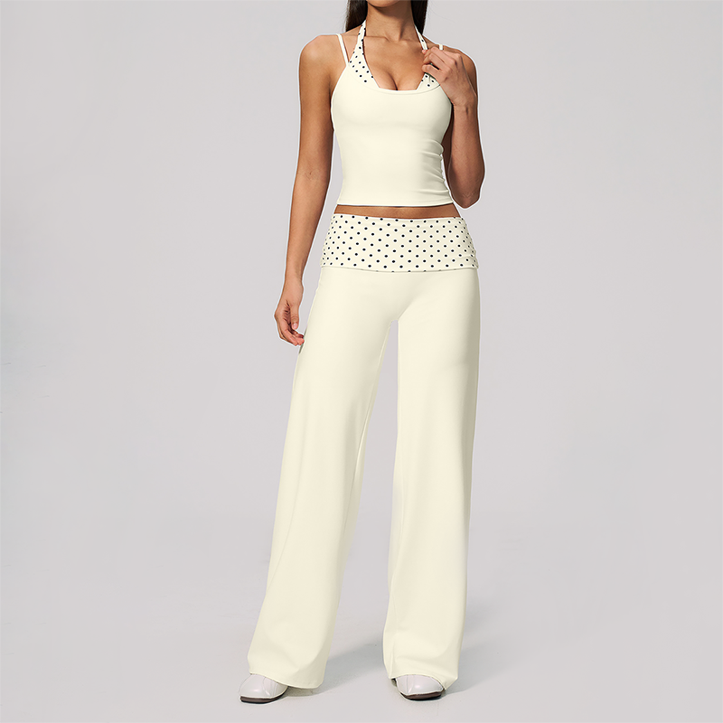 Wholesale Women's Polka Dot & Stripe Yoga Set Tank Top & Wide-Leg Pants w/ Chest Pad