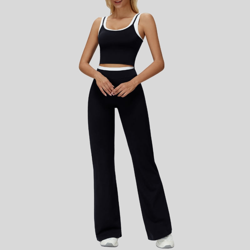 Two-piece contrasting sports tank top+port slightly flared pants 2-piece set