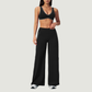Nude-feel deep V bra + high waist + high-waisted color-blocked pants 2-piece set