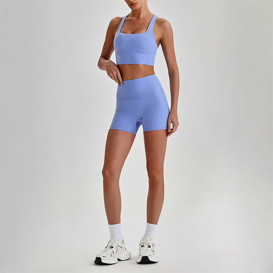 Wholesale Cross-Back Sports Bra & High-Waist Biker Shorts Set – Naked-Feel Quick-Dry Yoga 2-Piece