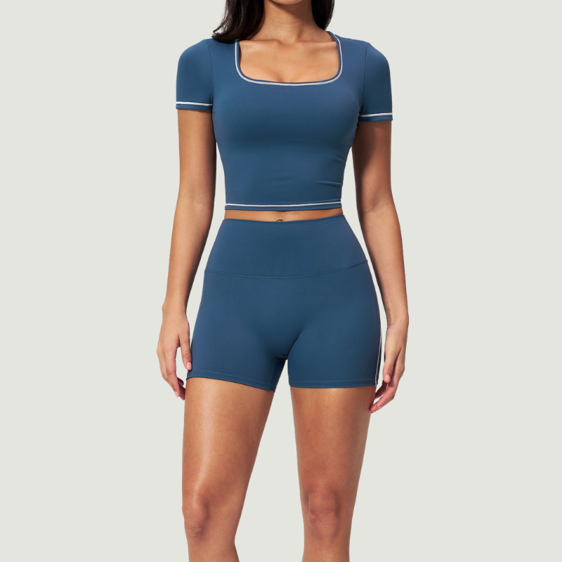 Wholesale Women's Seam-Detail Colorblock Short Sleeve Crop Top – Butt-Lifting Yoga Gym Activewear FDX2036