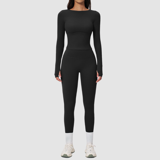Wholesale Seam-Detail Long-Sleeve Crop Top & High-Waist Leggings Set – Brushed Yoga 2-Piece