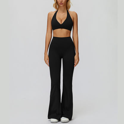 Halter sports bra+High waisted flared pants 2-piece set