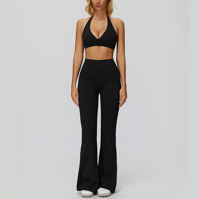 Halter sports bra+High waisted flared pants 2-piece set