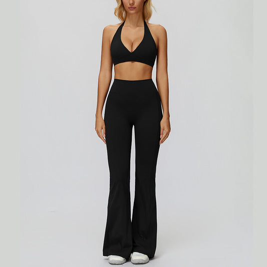 Halter sports bra+High waisted flared pants 2-piece set