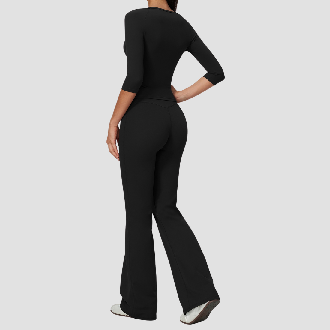 Wholesale Women's Round Neck Mid-Sleeve Tops + Flare Pants Yoga Set