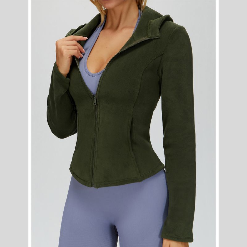 Fleece-lined hooded jacket with zipper.