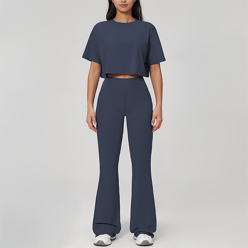 Wholesale round neck short sleeved top+flared pants 2-piece set
