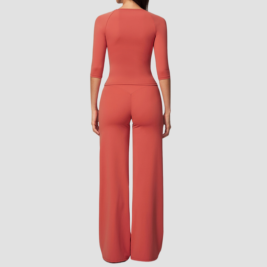 Wholesale Women's Round neck mid sleeve top+Hip lift Wide-Leg Yoga Set