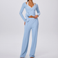 Wholesale Women's Padded Sports Bra+Tie-Front Long-Sleeve+Wide-Leg Pants Yoga Set