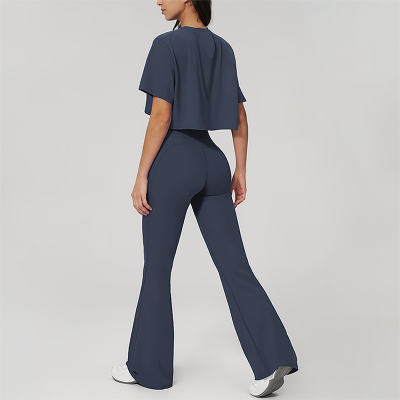 Wholesale round neck short sleeved top+flared pants 2-piece set