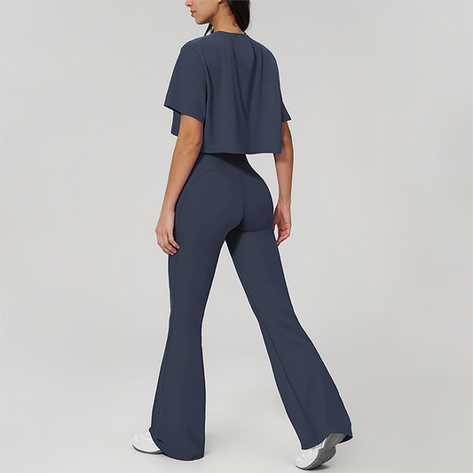 Wholesale round neck short sleeved top+flared pants 2-piece set