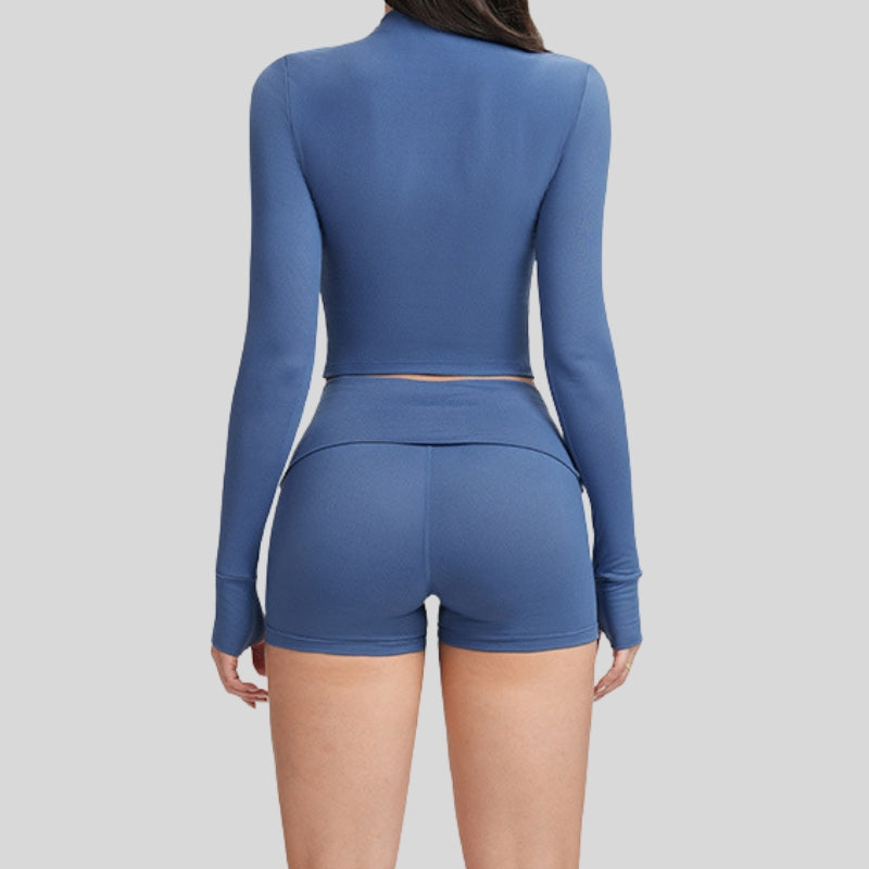 Yoga-inspired slim-fit long-sleeved top + tight-fitting shorts 2-piece set