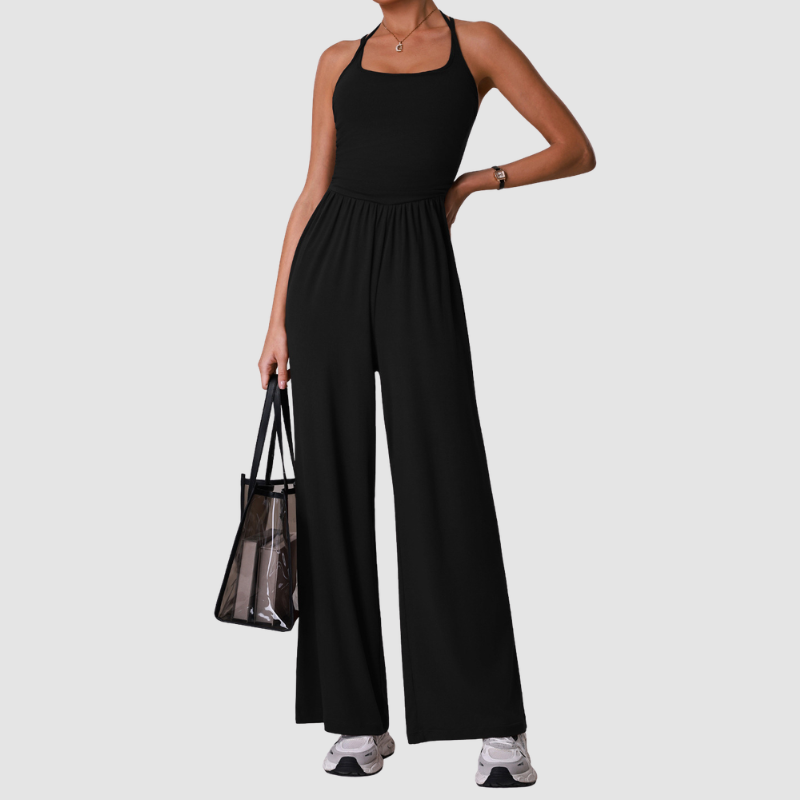 Wholesale Halter-Neck Cutout Open-Back Wide-Leg Jumpsuit with Built-In Bra – Casual Yoga Romper