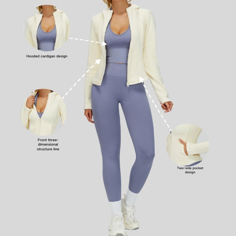 Fleece-lined hooded jacket with zipper.