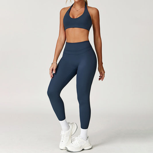 Brushed halter backless Sports Bra + High-Waist leggings 2-Piece Set