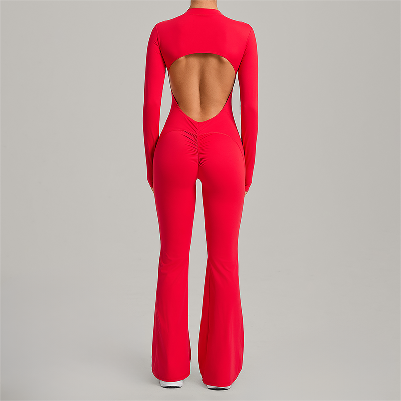 Zipper long sleeved backless fitness jumpsuit