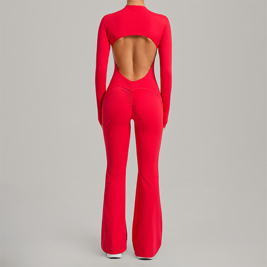 Zipper long sleeved backless fitness jumpsuit