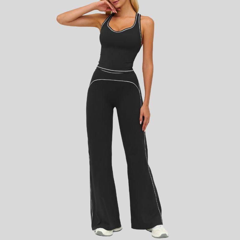 Contrasting racerback tank top+ High-waisted wide-leg pants 2-piece set