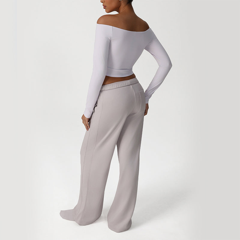 Off-Shoulder Long Sleeve + Loose Sports Pants 2-Piece Set