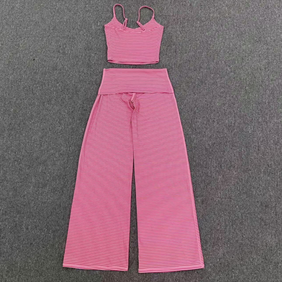 Wholesale Women's Activewear Retro Print Fold-Over Waist Top & Straight-Leg Pants Set