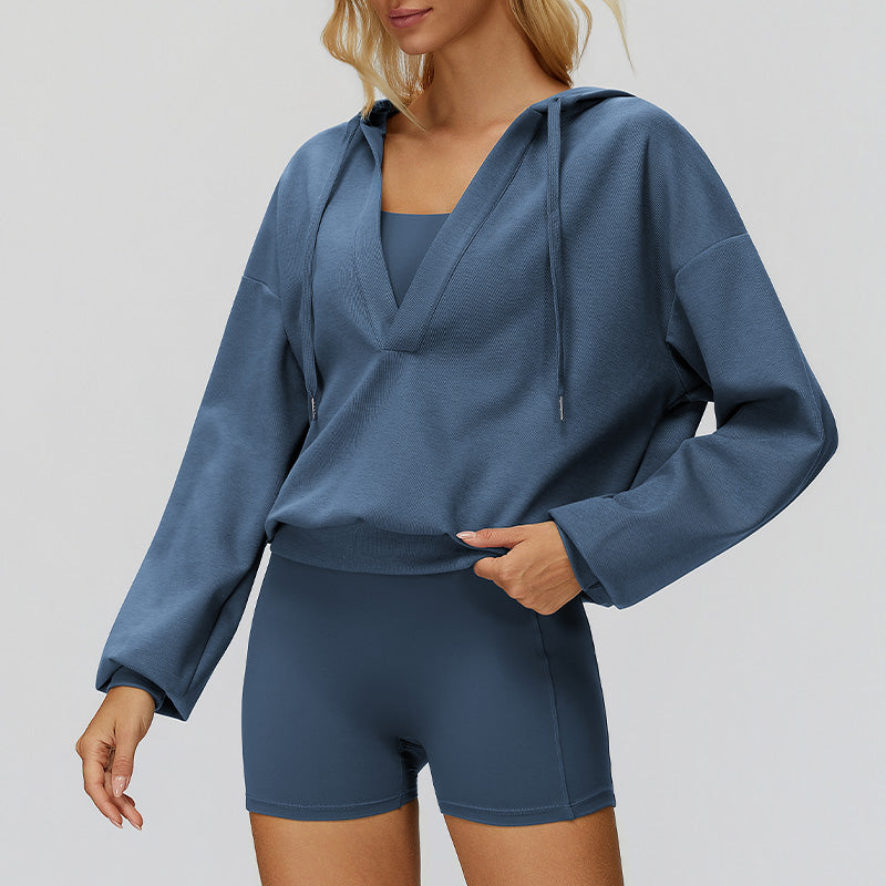 V-neck large hooded jacket+Sports tank top+High waisted shorts 3-piece set
