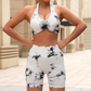 Seamless tie-dye halter backless bra + high-waisted shorts two-piece set