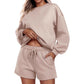 Round neck loose casual sweatshirt+Loose-fitting athletic shorts 2-piece set