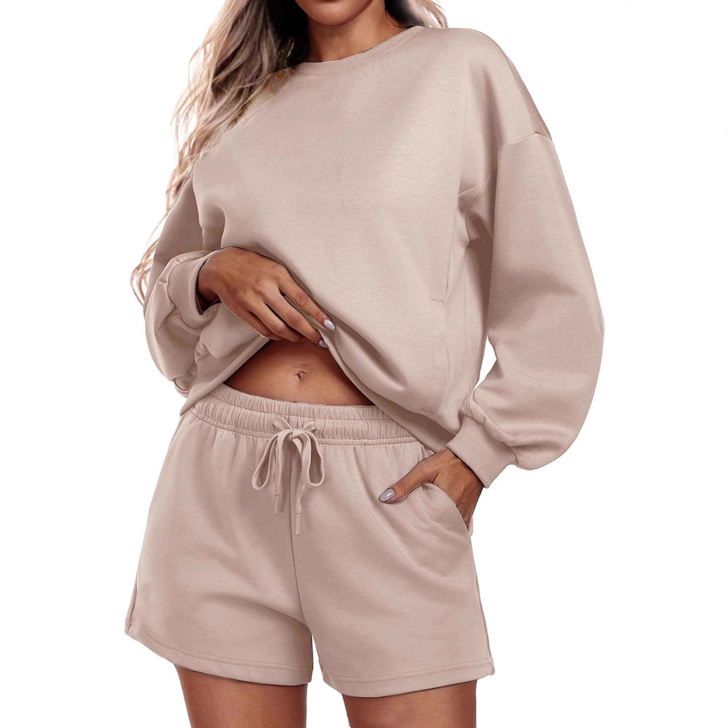 Round neck loose casual sweatshirt+Loose-fitting athletic shorts 2-piece set