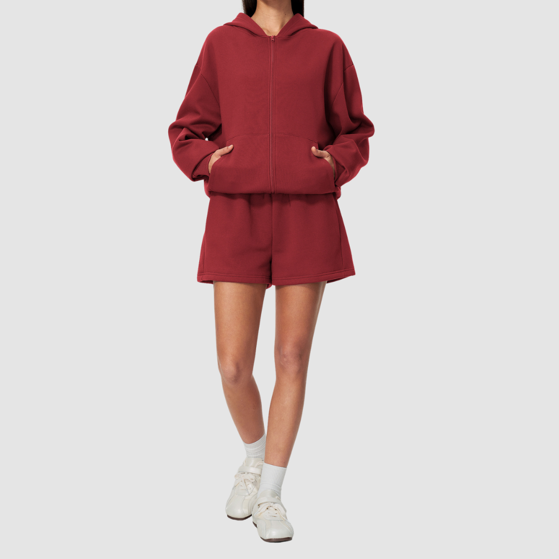 Wholesale Women's Warm Fleece-Lined Zip Up Hoodie & Sweat Shorts Set