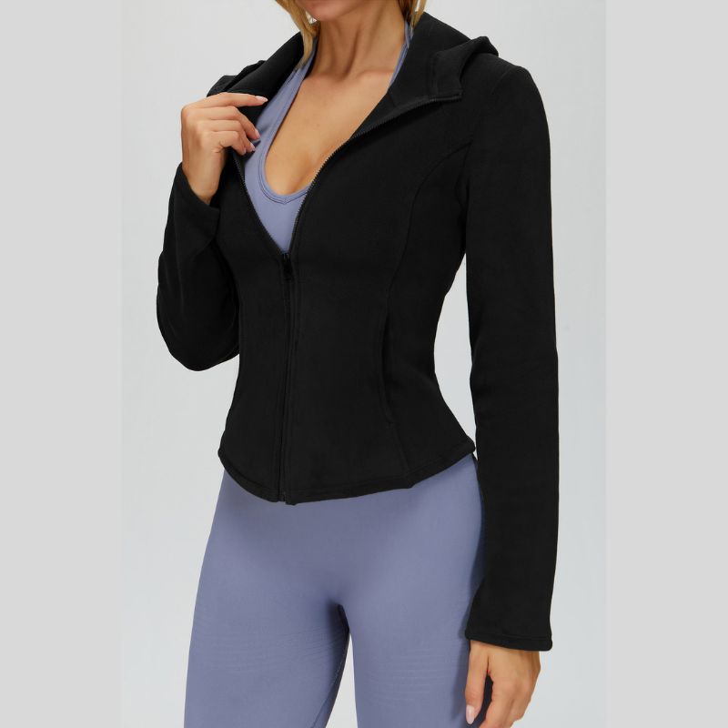 Fleece-lined hooded jacket with zipper.