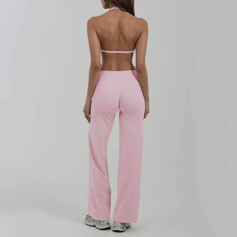 Halter-neck backless bra + loose wide-leg pants 2-piece set