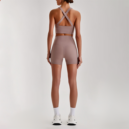 Wholesale Cross-Back Sports Bra & High-Waist Biker Shorts Set – Naked-Feel Quick-Dry Yoga 2-Piece