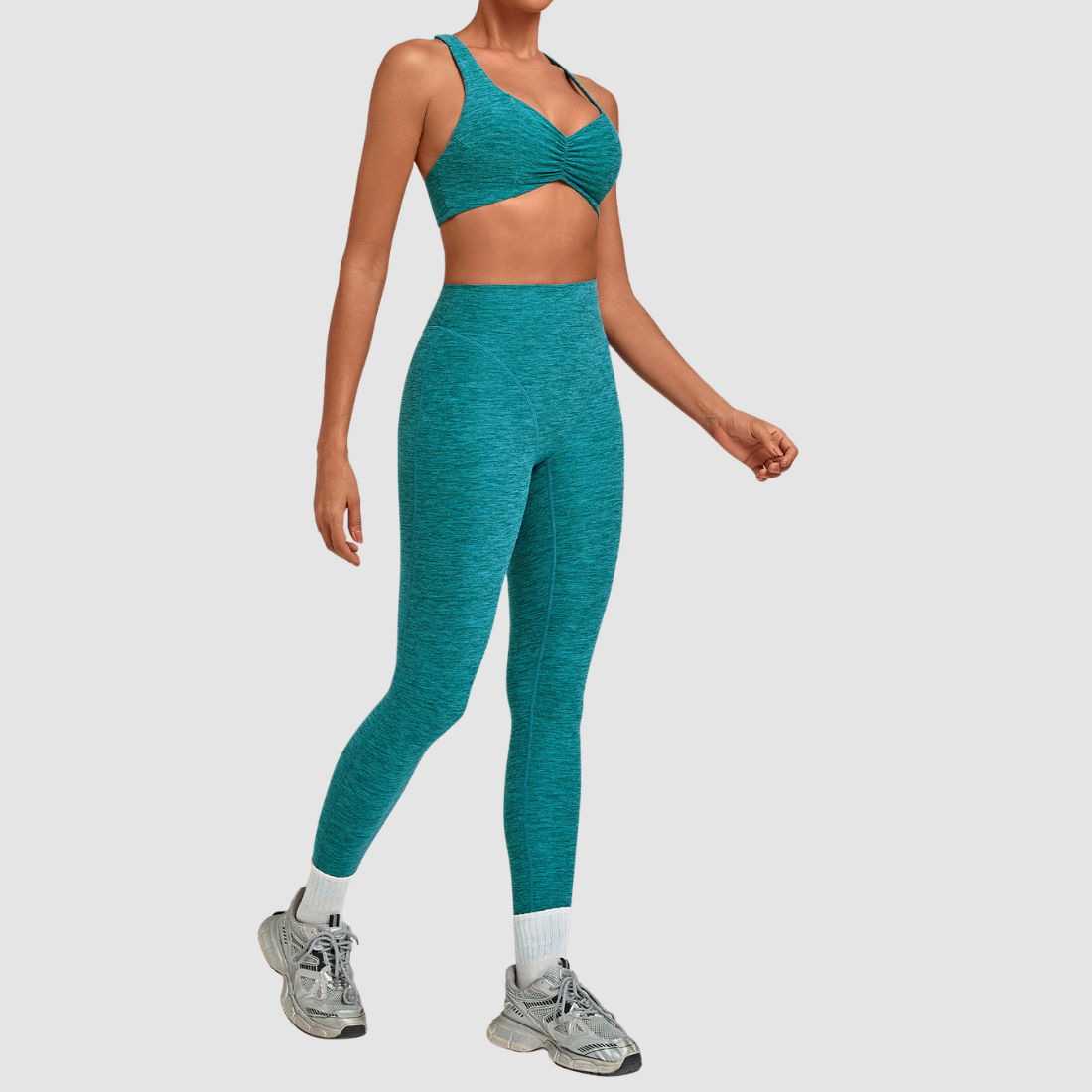 [Wholesale Women’s Ruched Sports Bra & High-Waist Leggings Yoga Set – 9291+1567]