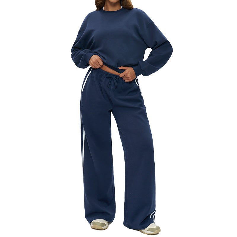 Round-neck long-sleeve sweatshirt+Contrast contrast loose sweatpants 2-piece set